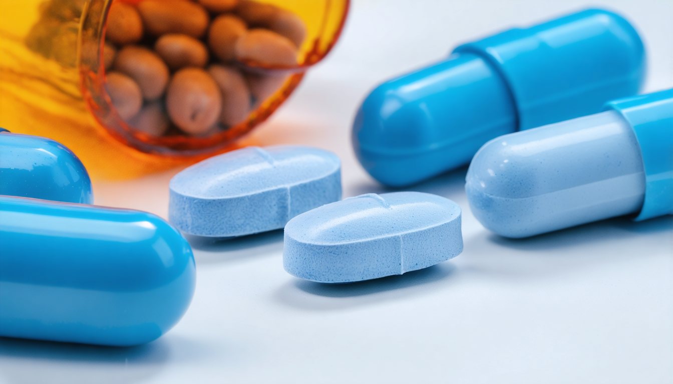 Illustration of sildenafil tablets with a heart and blood vessels, representing how the medication supports blood flow and erectile function